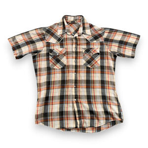 Vintage Western Shirt Adult MEDIUM Brown Plaid Gold Canyon Trails Pearl Snap 70s